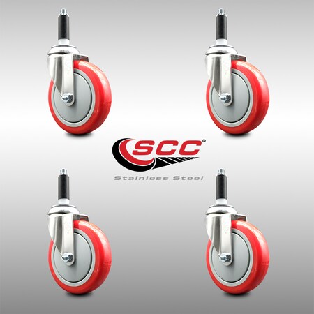 Service Caster 5 Inch 316SS Red Polyurethane Swivel 3/4 Inch Expanding Stem Caster Set SCC SCC-SS316EX20S514-PPUB-RED-34-4
